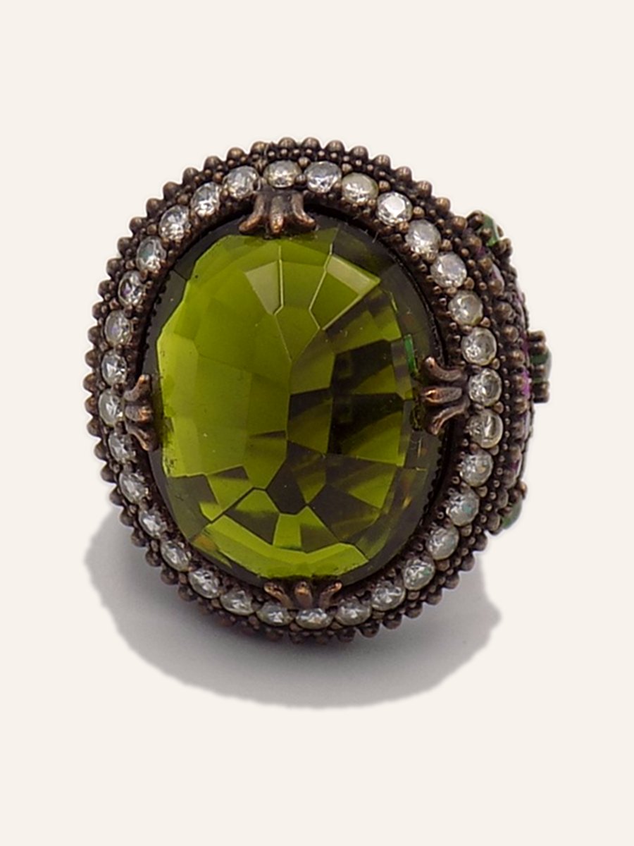 Olive green oval ring with halo
