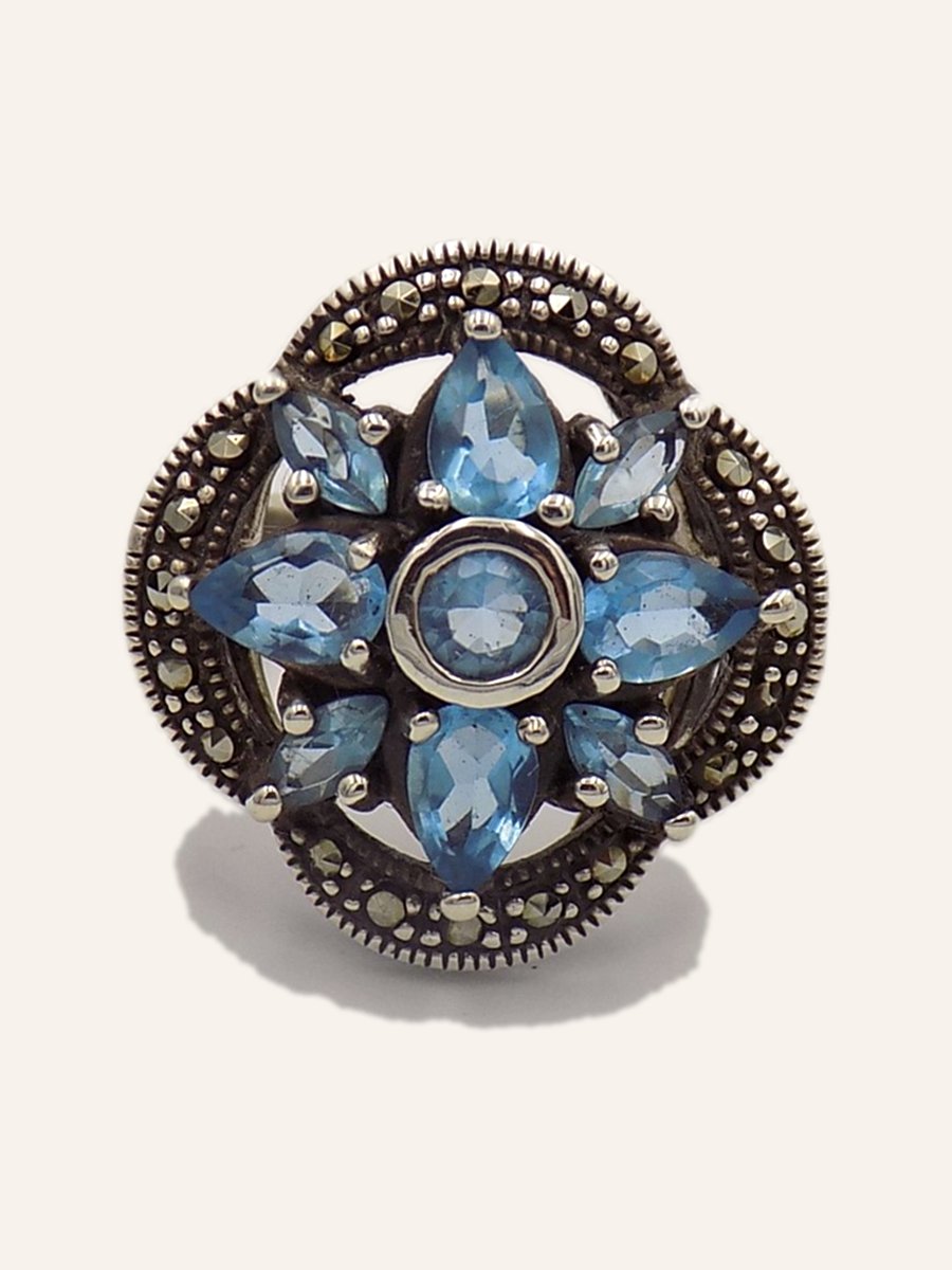 Flower ring with blue topazes and marcasites
