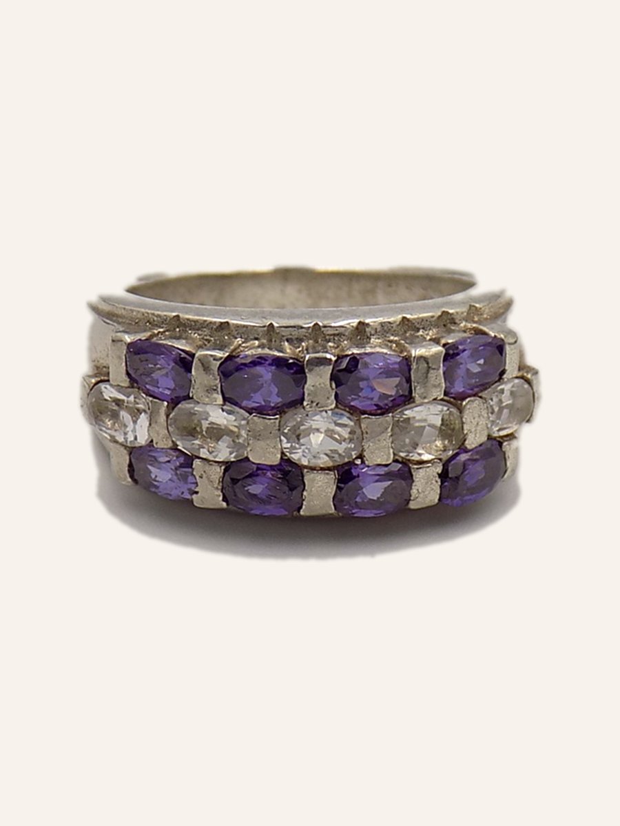 Ring with two rows of amethysts and cubic zirconia