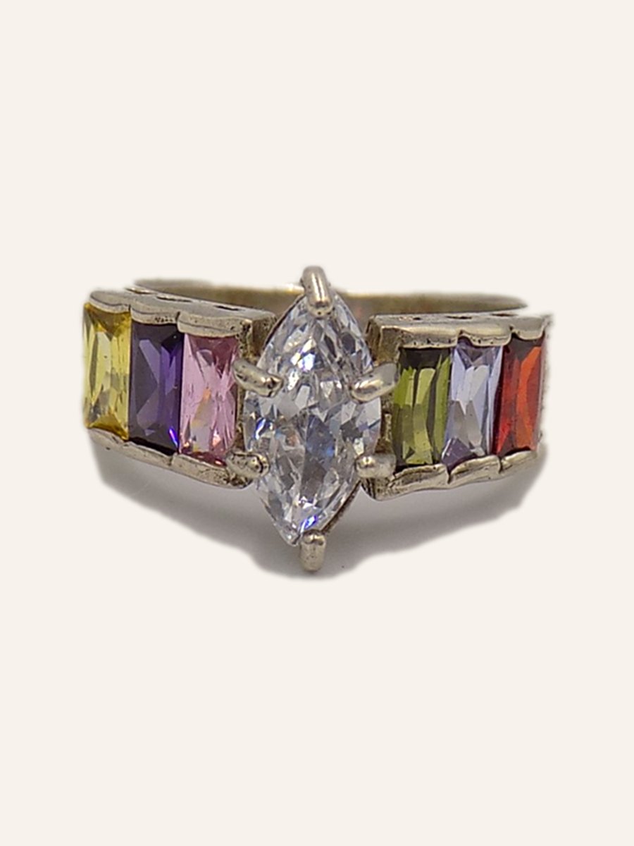 Ring with pale marquise stone and coloured stones