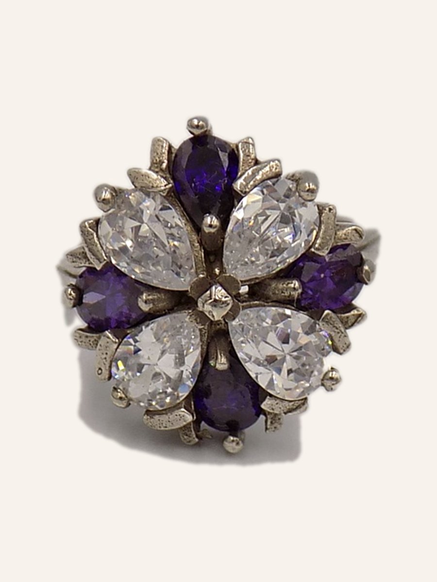 Flower ring with amethysts and cubic zirconia