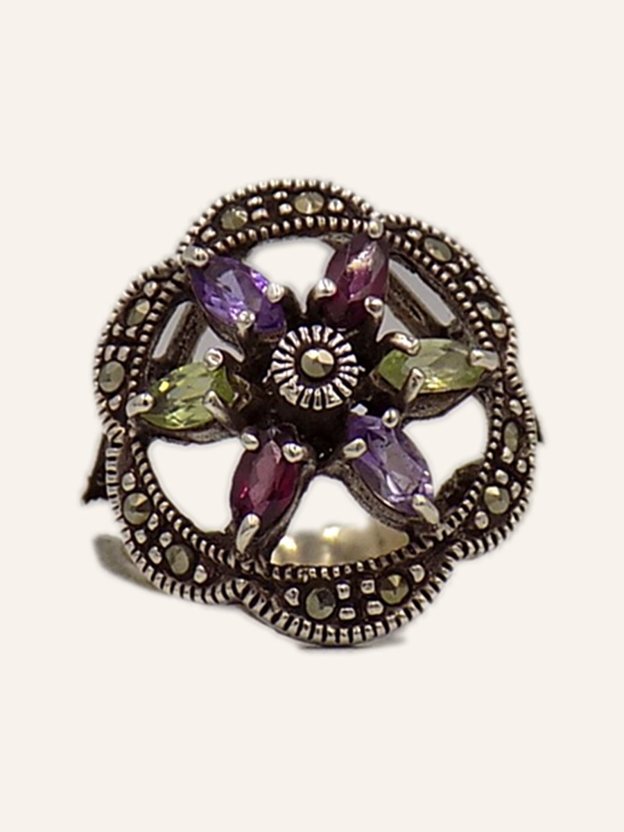 Flower ring with marcasites and coloured stones