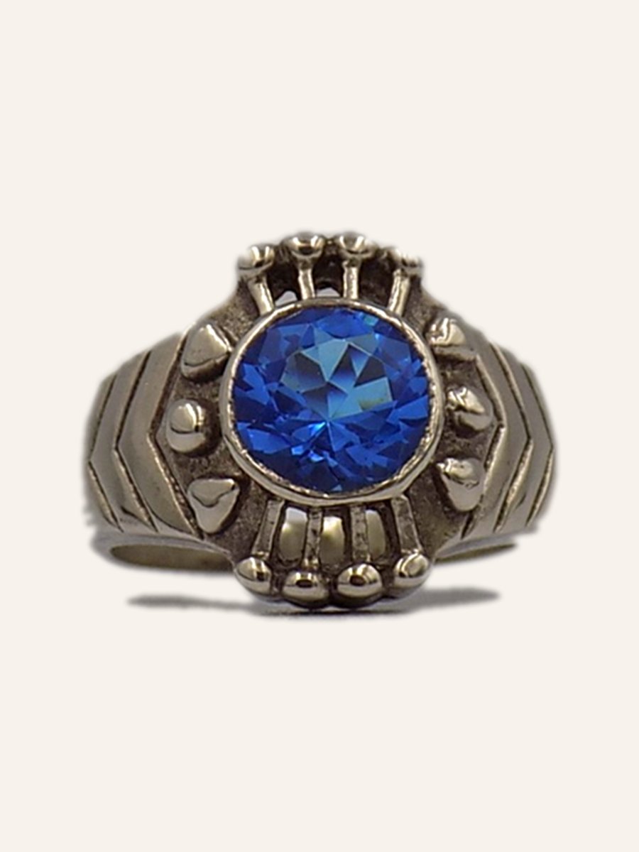 Men's ring with blue cubic zirconia and beaded crown