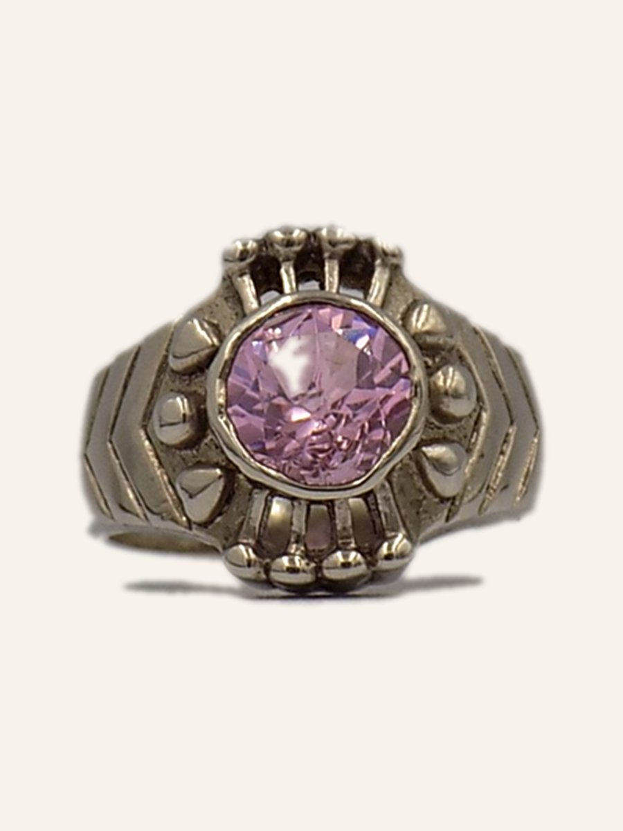 Men's ring with pink cubic zirconia and beaded crown