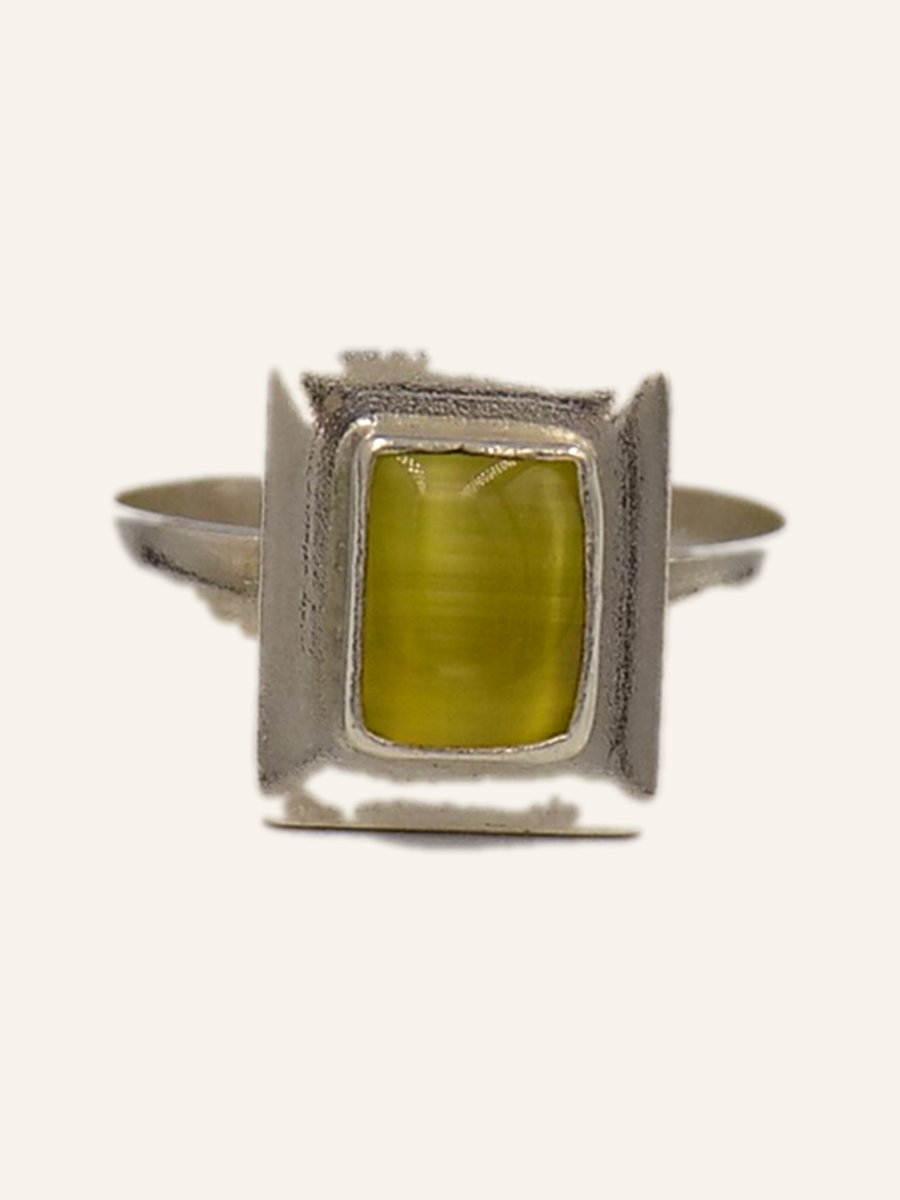 Rectangular ring with olive green stone