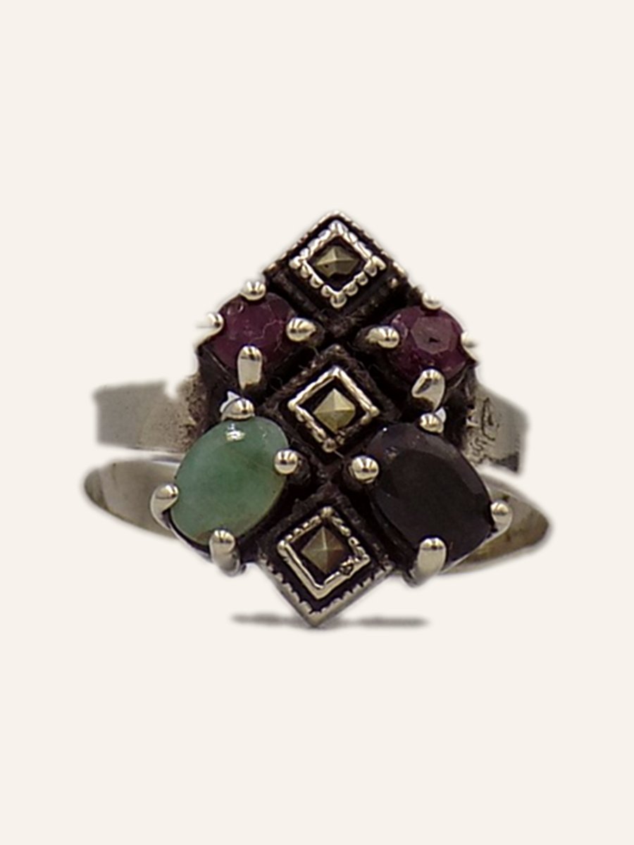 Diamond-shaped ring with coloured stones and marcasites