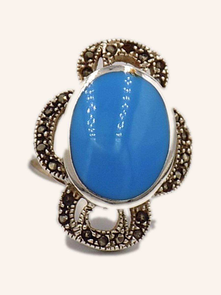 Ring with sky blue cabochon and marcasites