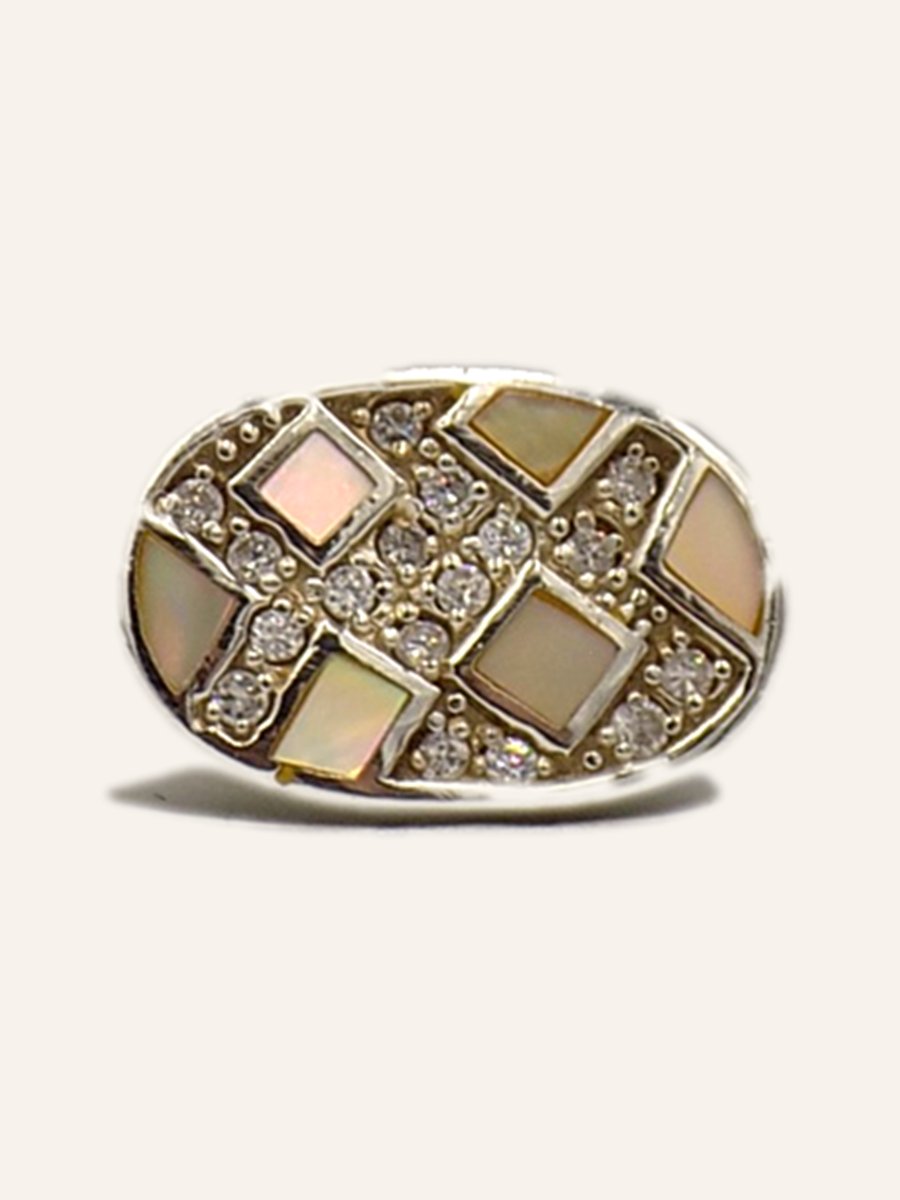 Dome ring in mother-of-pearl marquetry with cubic zirconia