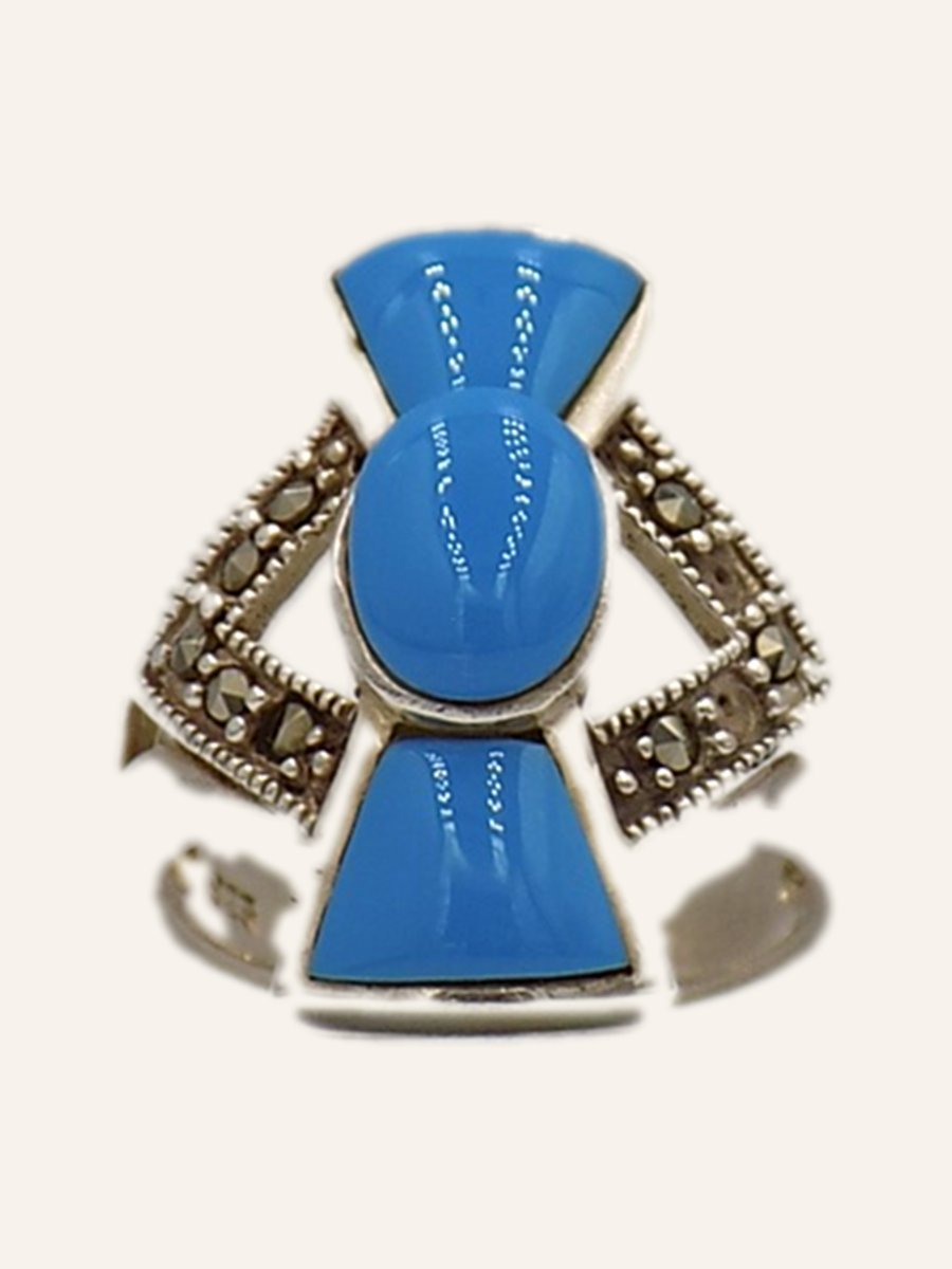 Knot ring with blue cabochons and marcasites