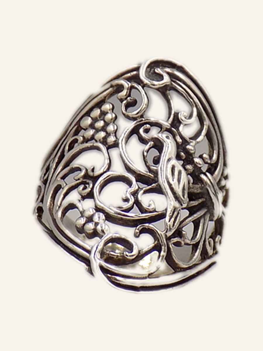 Openwork dome ring with bird and vine