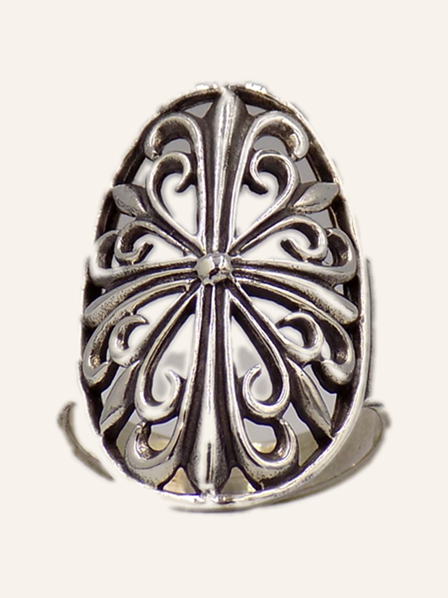 Oval openwork ring with flowered cross