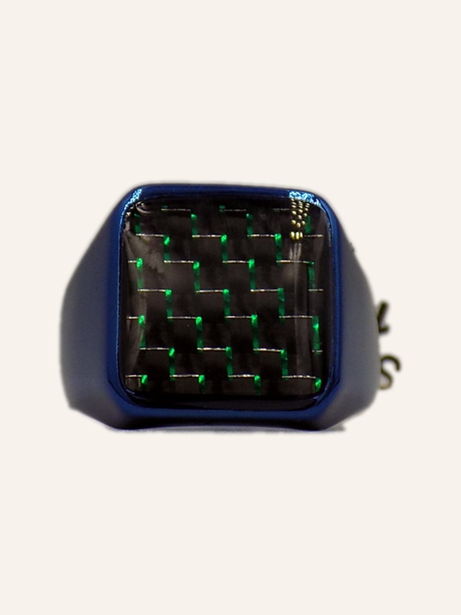 Men's ring with green woven carbon