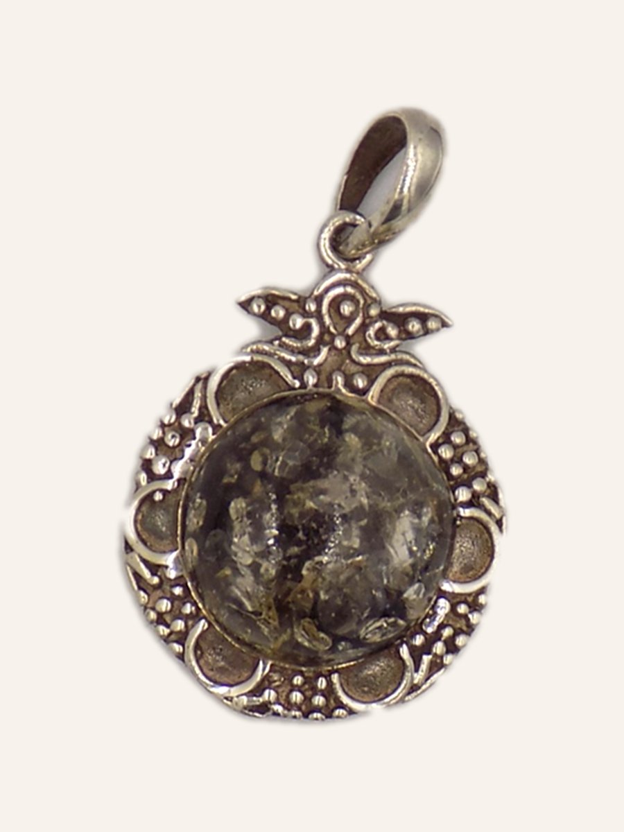 Pendant with moss agate and beaded setting