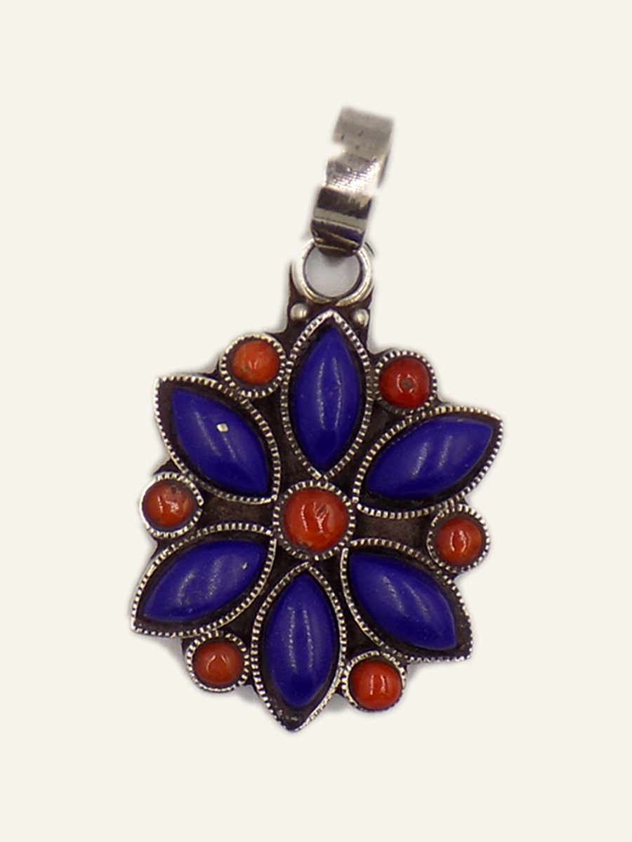 Flower pendant with lapis and coral